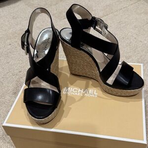 Michael Kors Black and Tan Wedge Sandals